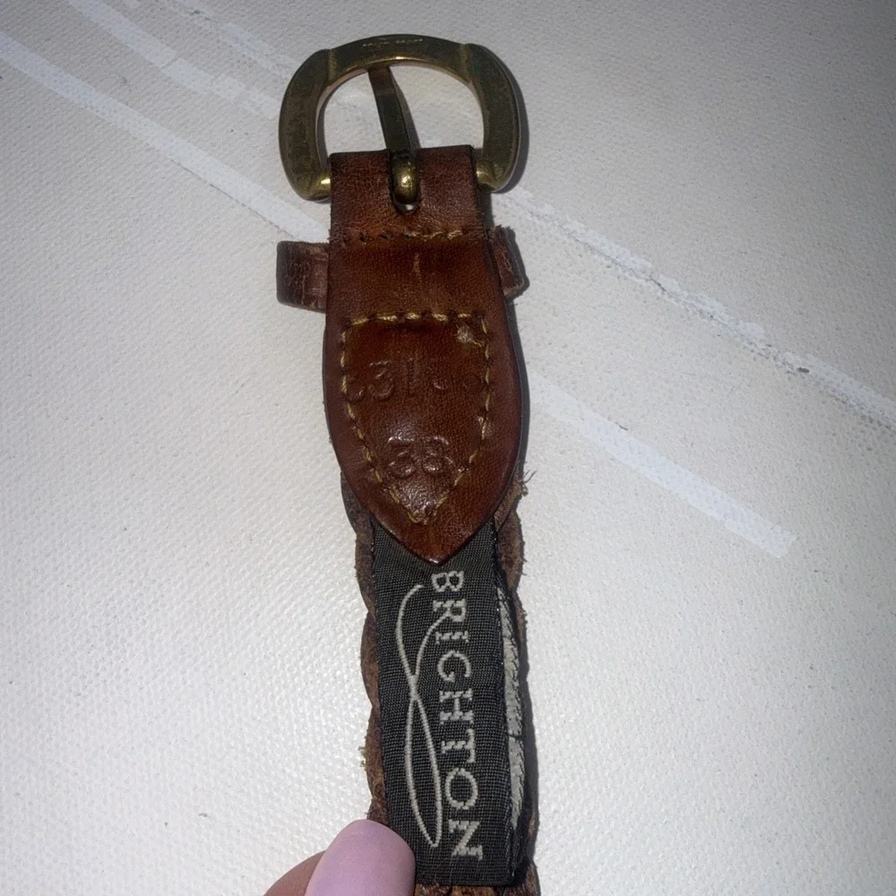Vtg 90s Brighton Woven Brown Leather Braided Solid Brass Buckle USA Belt Size 38